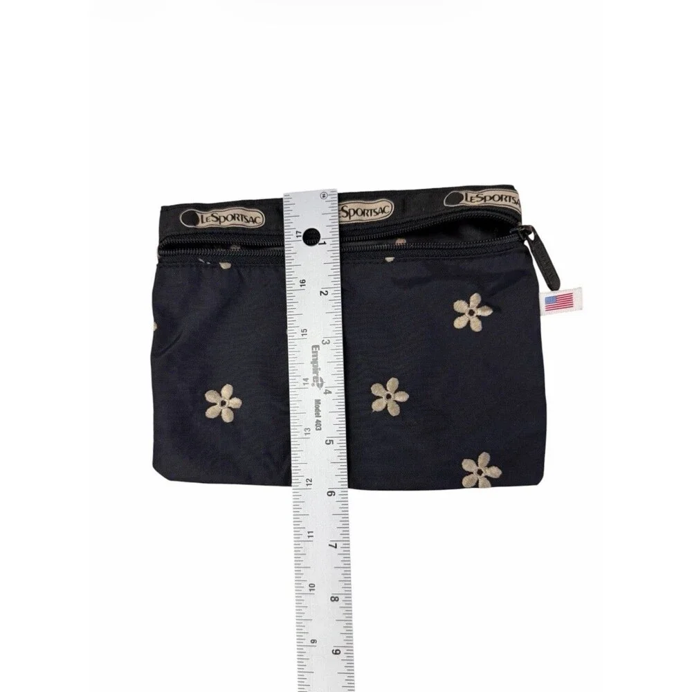LeSportSac Black Beige Embroidered Flower Floral Cosmetic Clutch One Zipper